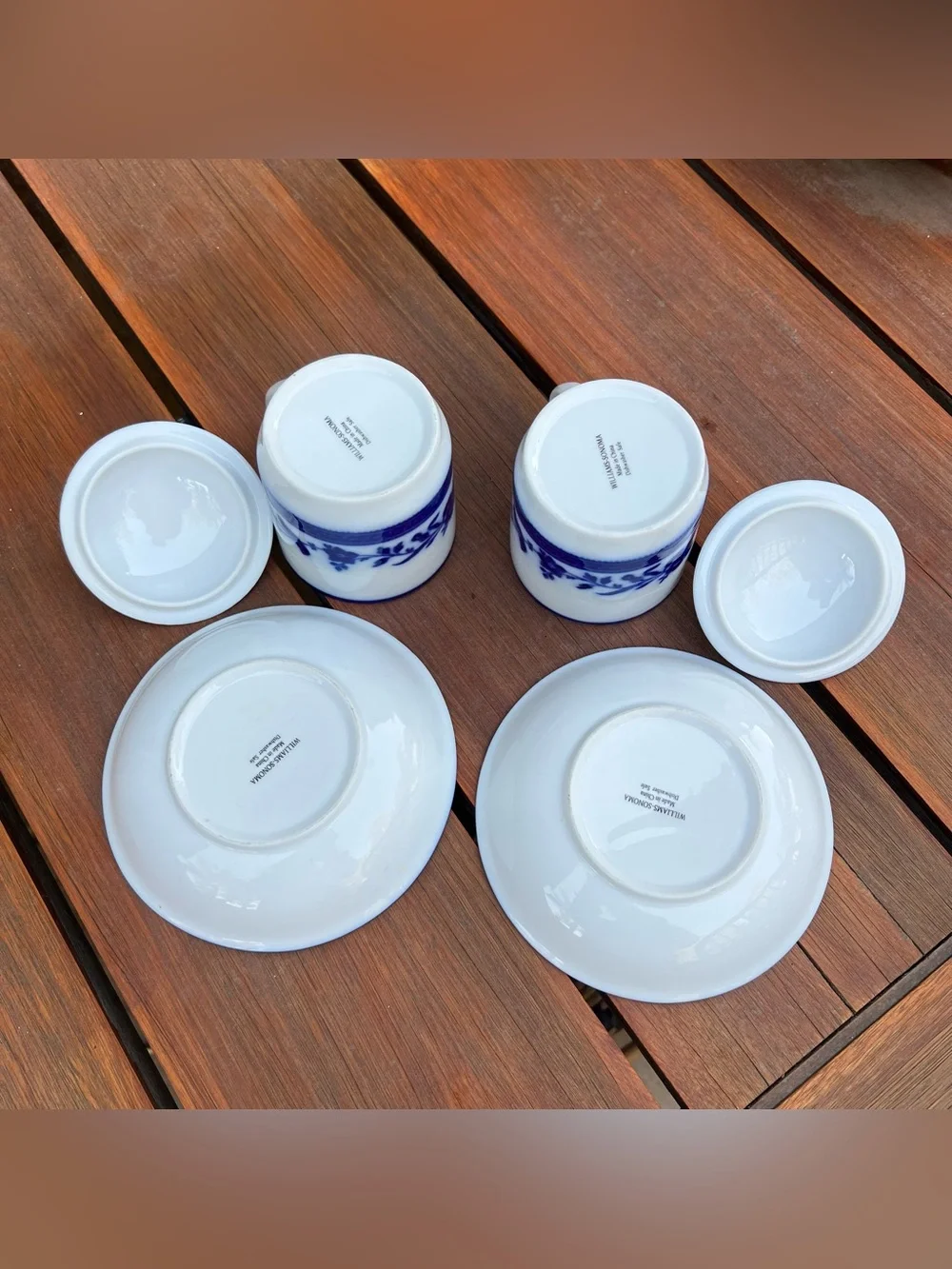 Set of Two Williams Sonoma Teacups with Lids Saucers Cobalt Blue Floral & White